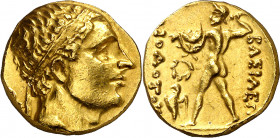 Reinos de Bactria e Indogriegos. Diodotos I (256-239 a.C.). Estátera de oro. (S. 7501) (CNG. XII, 20). Atractiva. 8,22 g. EBC-.