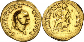 (77-78 d.C.). Tito. Áureo. (Spink. 2414) (Co. 16) (RIC. 971, de Vespasiano) (Calicó 726b). Restos de soldadura en canto. Sirvió como joya. 7,04 g. (MB...