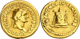 (80-81 d.C.). Domiciano. Áureo. (Spink. 2668) (Co. Falta) (RIC. 265, de Tito) (Calicó 918a). 7,16 g. MBC.