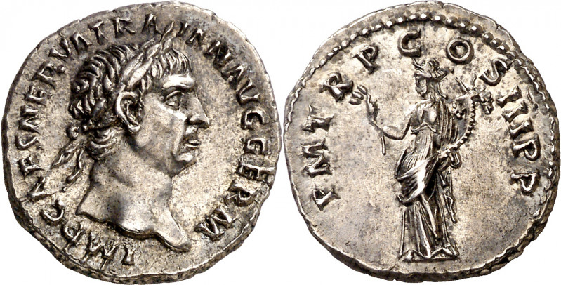 (100 d.C.). Trajano. Denario. (Spink falta) (S. 222) (RIC. 38). Bella. 3,26 g. E...