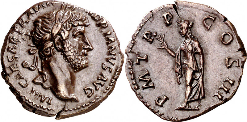 (121-123 d.C.). Adriano. Denario. (Spink 3526 var) (S. 1153a) (RIC. 601). Pátina...