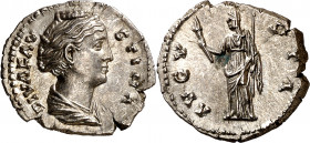 (después de 147 d.C.). Faustina madre. Denario. (Spink. falta) (S. 96) (RIC. 356). Leve grieta. Bella. 3,21 g. (EBC).