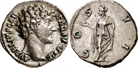 (145 d.C.). Marco Aurelio. Denario. (Spink 4783) (S. 103) (RIC. 431, de Antonino pío). Bella. Escasa así. 3,16 g. EBC.