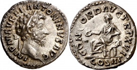 (162 d.C.). Marco Aurelio. Denario. (Spink 4882 var) (S. 36) (RIC. 37). Bella. Escasa así. 3,20 g. EBC.