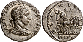 (218-219 d.C.). Eliogábalo. Denario. (Spink 7545 var) (S. 269) (RIC. 196). Reverso algo desplazado. Atractiva. Rara. 2,82 g. (EBC).