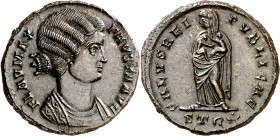 (326 d.C.). Fausta. Treveri. AE 19. (Spink. 16545) (Co. 7) (RIC. 483). Muy bella. Preciosa pátina. Rara así. 3,45 g. S/C.