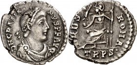 (368-375 d.C.). Graciano. Treveri. Siliqua. (Spink 19964) (S. 86a) (RIC. 27f1). 2,11 g. MBC+.