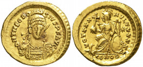 (430-440 d.C.). Teodosio II. Constantinopla. Sólido. (Spink. 21158) (Ratto 171) (RIC. 257). Ex Áureo & Calicó 27/04/2016, nº 1039. 4,43 g. MBC+.