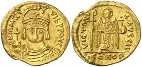 Mauricio Tiberio (582-602). Constantinopla. Sólido. (Ratto 1018) (S. 478). Ex Áureo & Calicó 14/12/2016, nº 1219. 4,46 g. MBC+.