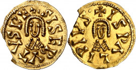 Sisebuto (612-621). Ispali (Sevilla). Triente. (CNV. 219.1) (R.Pliego 278b). Cospel algo faltado. 1,51 g. (EBC-).