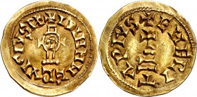 Ervigio (680-687). Emérita (Mérida). Triente. (CNV. 502.8) (R.Pliego 658i.2, mismo ejemplar). Muy escasa. 1,43 g. EBC-/EBC.