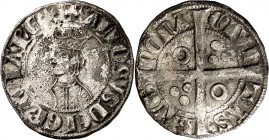 Alfons II (1285-1291). Barcelona. Croat. (Cru.V.S. 331) (Cru.C.G. 2148). Dos y cinco anillos en el vestido. Oxidaciones. Escasa. 2,72 g. (MBC-).