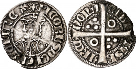 Jaume II (1291-1327). Barcelona. Croat. (Cru.V.S. 335.1) (Cru.C.G. 2152a). Dos-cuatro-cuatro y dos anillos en el vestido. A y U góticas. Cospel ligera...
