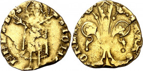 Pere III (1336-1387). Perpinyà. Mig florí. (Cru.V.S. 385) (Cru.Comas 17) (Cru.C.G. 2213). Marca: rosa de anillos. 1,68 g. BC+.