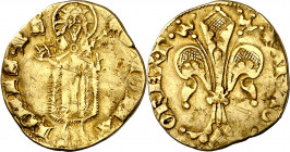 Pere III (1336-1387). Perpinyà. Florí. (Cru.V.S. 386) (Cru.Comas 15) (Cru.C.G. 2205). Marca: yelmo. Rayitas. Escasa. 3,35 g. MBC-/MBC.