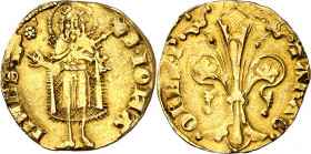 Pere III (1336-1387). Barcelona. Florí. (Cru.V.S. 389) (Cru.Comas 22) (Cru.C.G. 2210). Marca: rosa de puntos. Exceso de oro. 3,47 g. MBC+.