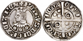 Pere III (1336-1387). Barcelona. Croat. (Cru.V.S. 402.1) (Cru.C.G. 2220d). Flores de seis pétalos en el vestido. Letras A y U latinas. 3,15 g. MBC+.