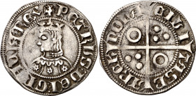 Pere III (1336-1387). Barcelona. Croat. (Cru.V.S. 403) (Cru.C.G. 2220c). Flores de 6 pétalos. A y U góticas, T latinas. 3,17 g. MBC+.