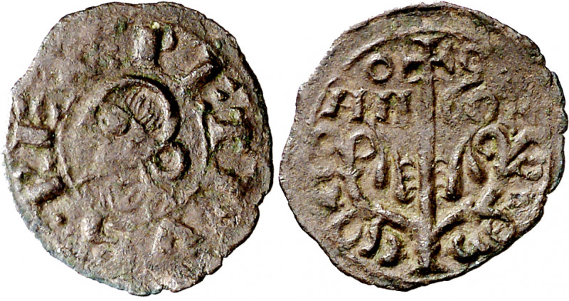 Pedro el de Huesca (1094-1104). Jaca. Óbolo. (Cru.V.S. 214). Rara. 0,37 g. MBC+....