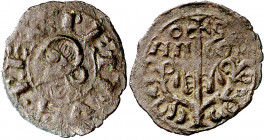 Pedro el de Huesca (1094-1104). Jaca. Óbolo. (Cru.V.S. 214). Rara. 0,37 g. MBC+.