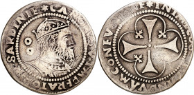 s/d. Carlos I. Cagliari. 2 reales. (Cru.C.G. 4185a) (MIR. 32) (Piras 105). Valor indicado con . Algo retocada a buril. Rara. 5,22 g. (BC+/MBC-).