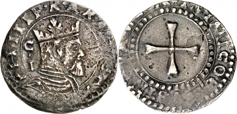 s/d. Felipe II. Cagliari 1 real. (Cru.C.G. 4297) (MIR. 56) (Piras 136). C/ detrá...