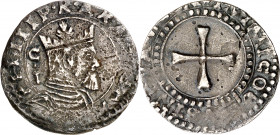 s/d. Felipe II. Cagliari 1 real. (Cru.C.G. 4297) (MIR. 56) (Piras 136). C/ detrás del busto. Muy rara. 2,74 g. MBC-.