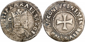 s/d. Felipe II. Cagliari. 3 reales. (Cru.C.G. 4292 var) (MIR. 51 var) (Piras 131 var). C/ detrás del busto. Leyenda de reverso como Piras 130. Muy rar...