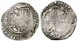 1592. Felipe II. Toledo. M. 4 reales. (AC. 608, mismo ejemplar). Fecha de cuatro dígitos al inicio de la leyenda del anverso. Escudo de Borgoña con un...