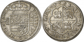 1591/0. Felipe II. Segovia. 8 reales. (AC. 710). Castillos del reverso pequeños. Acueducto de cinco arcos y dos pisos. Bella. Parte de brillo original...