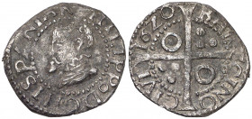 1620. Felipe III. Barcelona. 1/2 croat. (AC. 367) (Cru.C.G. 4340g). Busto de Felipe II. Ex Áureo & Calicó 07/11/2007, nº 485. Muy rara. 1,38 g. MBC....