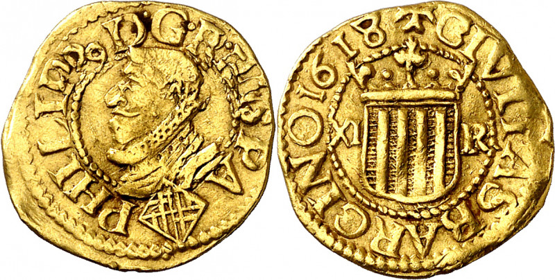 1618. Felipe III. Barcelona. 1/3 de trentí. (AC. 1004) (Cru.C.G. 4336). La segun...