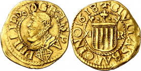 1618. Felipe III. Barcelona. 1/3 de trentí. (AC. 1004) (Cru.C.G. 4336). La segunda P de PHILIPP sobre un 9. Rara. 2,27 g. MBC.