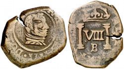 (1660). Felipe IV. Burgos. 8 maravedís. (AC. 301) (J.S. L-1, mismo ejemplar). Prueba no adoptada. Ex Colección Balsach. Muy rara. 8,14 g. BC+/MBC-.