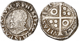 1635. Felipe IV. Barcelona. 1 croat. (AC. 652) (Cru.C.G. 4413d). Busto de Felipe II. Ex Áureo 18/12/2001, nº 589. Rara y más así. 3,28 g. MBC/MBC+....