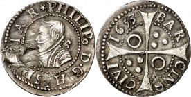 1653. Felipe IV. Barcelona. 1 croat. (AC. 669) (Cru.C.G. 4414l). Busto propio. Defecto de acuñación. 3,13 g. (MBC+).