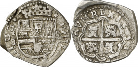 1643. Felipe IV. MD (Madrid). B invertida. 8 reales. (AC. 1273). Atractiva. Todos los datos perfectos. Muy rara, no hemos tenido ningún ejemplar con e...