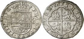 1651/31. Felipe IV. Segovia. I. 8 reales. (AC. 1614). Plata ligeramente agria. Brillo original. Escasa. 27 g. MBC+.