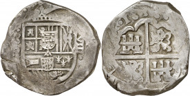 1636. Felipe IV. Sevilla. R. 8 reales. (AC. 1649). Muy rara, sólo hemos tenido dos ejemplares con orla interior. 27,25 g. MBC-.