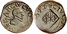 1642. Guerra dels Segadors. Vic. 1 diner. (AC. 248). Busto de Felipe III. A nombre de Lluís XIII. Acuñación parcialmente floja. Buen ejemplar. Muy esc...