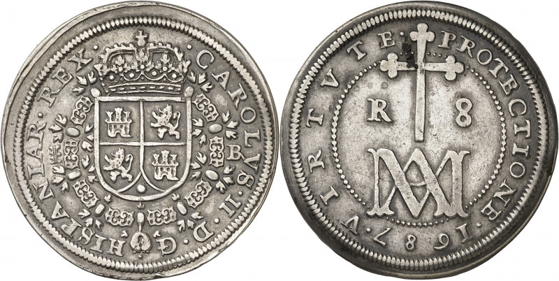 1687. Carlos II. Segovia. BR. 8 reales. (AC. 774). Tipo "María". Leves marquitas...