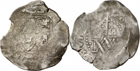 1695. Carlos II. Sevilla. M. 8 reales. (AC. 794). Tipo "María". Golpecitos. Muy rara, no hemos tenido ningún ejemplar. 20,81 g. BC+.