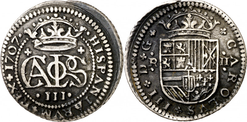 1707. Carlos III, Pretendiente. Barcelona. 2 reales. (AC. 27). Escasa. 5,56 g. M...