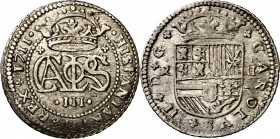 1711. Carlos III, Pretendiente. Barcelona. 2 reales. (AC. 32). Parte de brillo original. 5 g. MBC+.