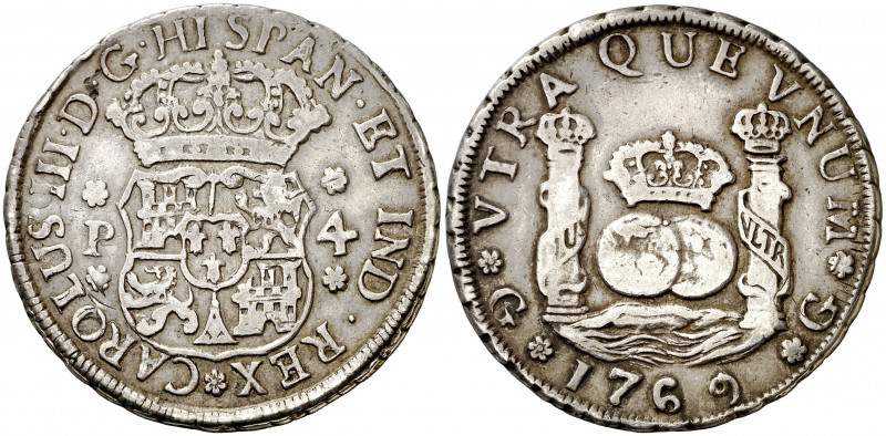 1769. Carlos III. Guatemala. P. 4 reales. (AC. 800). Columnario. Parte del rever...