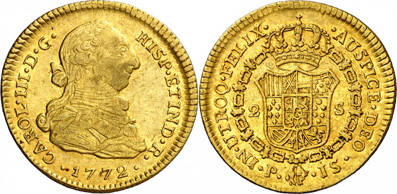 1772. Carlos III. Popayán. JS. 2 escudos. (AC. 1685) (Restrepo 62-1). Primer año...