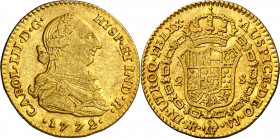 1772. Carlos III. Santa Fe de Nuevo Reino. VJ. 2 escudos. (AC. 1685) (Restrepo 61-1). Primer año de busto propio. Leves rayitas. Precioso color. Escas...