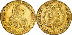 1761. Carlos III. Lima. JM. 8 escudos. (AC. 1714) (Cal.Onza 673). Primer busto. Rayitas. Mínimas hojitas en reverso. Atractiva. Muy rara. 26,82 g. MBC...