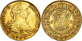 1784. Carlos III. Madrid. JD. 8 escudos. (AC. 1969) (Cal.Onza 734). Leves golpecitos. Pátina muy atractiva. Rara. 26,86 g. MBC-/MBC+.