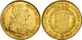 1771. Carlos III. México. MF. 8 escudos. (AC. 1997) (Cal.Onza 758). Último año del tipo "cara de rata". Leves marquitas. Bonita pátina. Parte de brill...